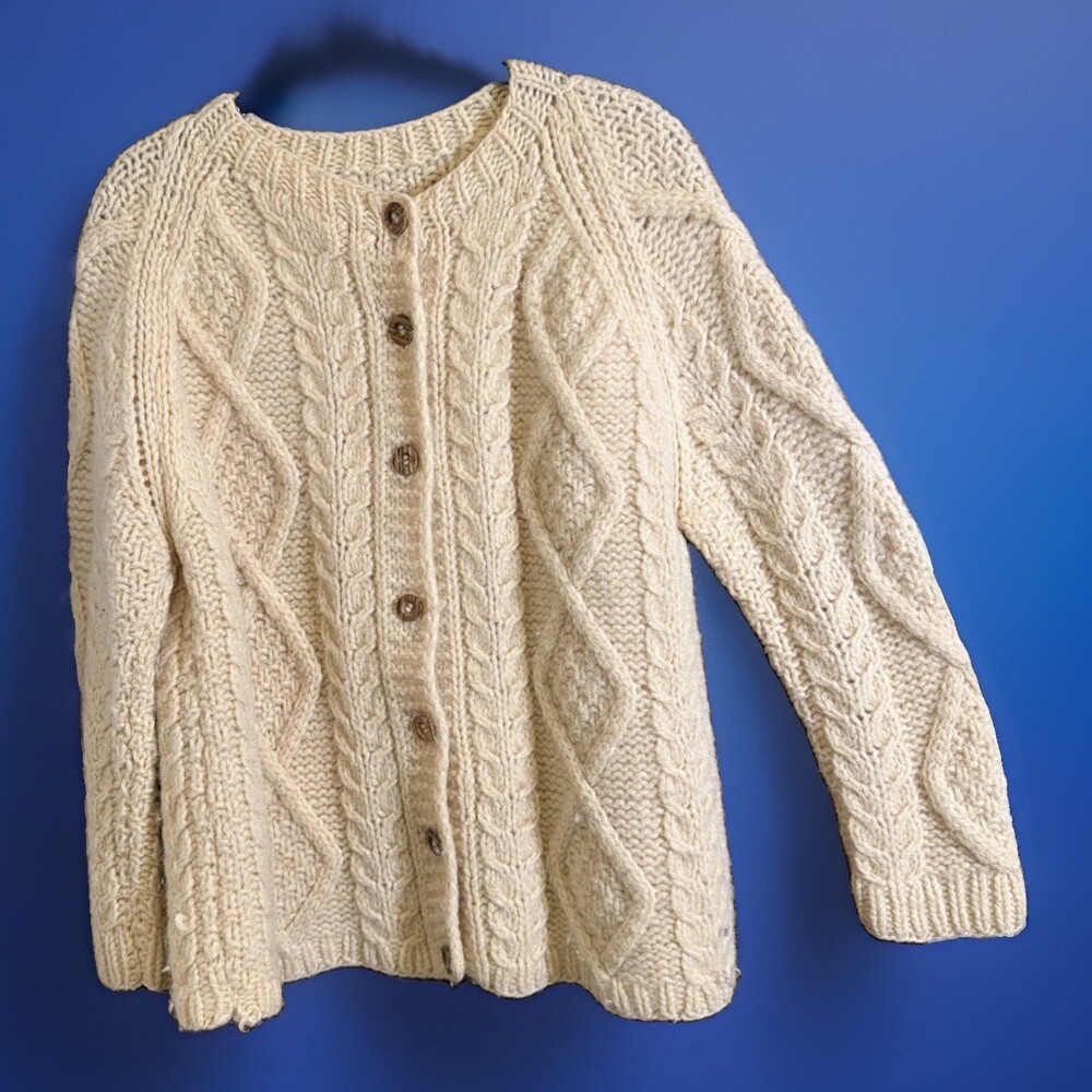 VTG Womens Ivory Aran Cable Knit Sweater Pure Chunky Wool Ireland Pit2Pit42”L24”